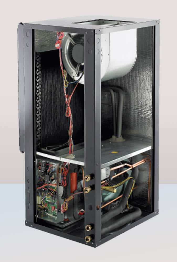 Geo-thermal heat pump in a packaged group, cut-away view.