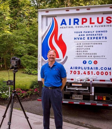 AirPlus founder Joe Allen smiles while doing a video promoting his Northern VA heating & cooling. company